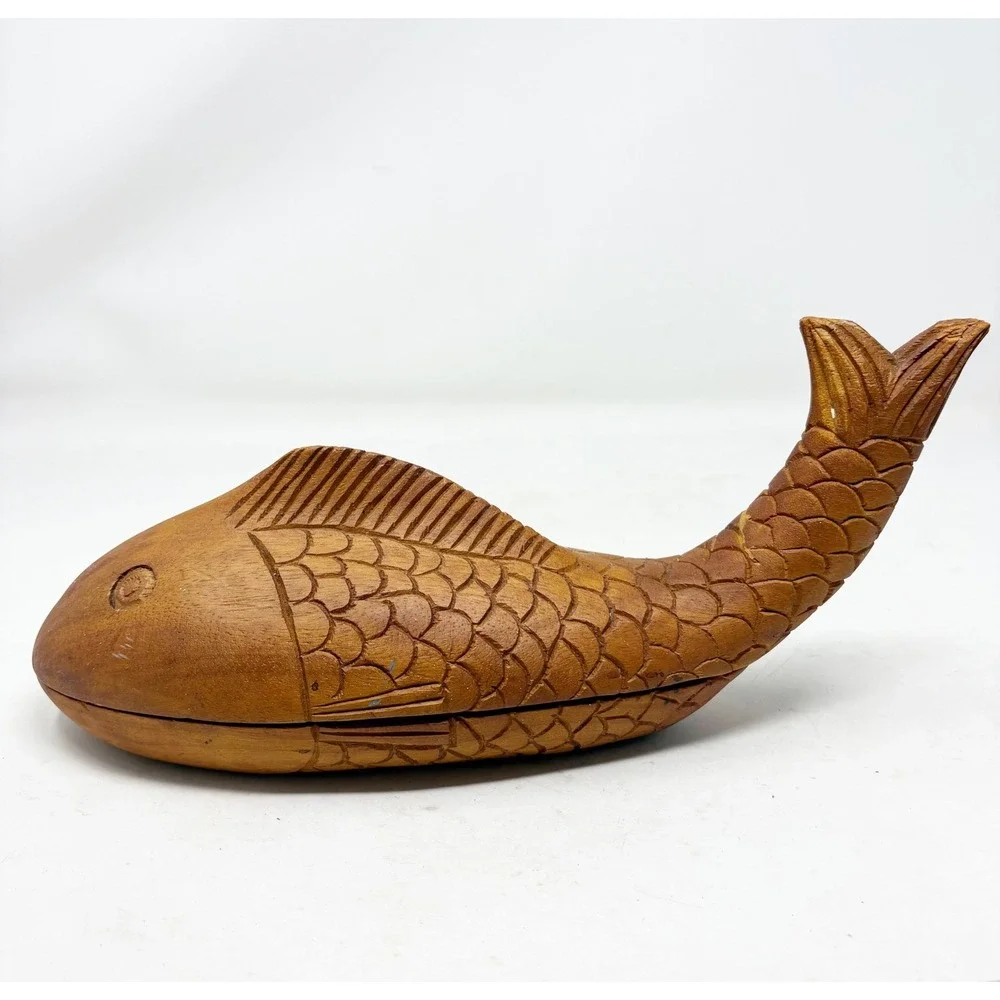 Hand Carved Wooden Fish Trinket Box Nautical Coastal Decor Brown Storage 11.5in